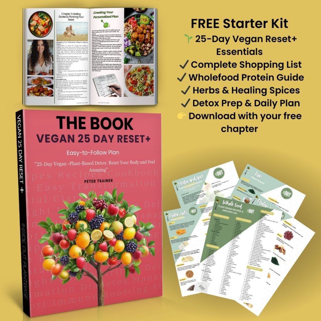Free 25-Day Vegan Reset Starter Kit including shopping list, protein guide, herbs and spices, detox plan, and book chapter from InsideOut Plant-Based™