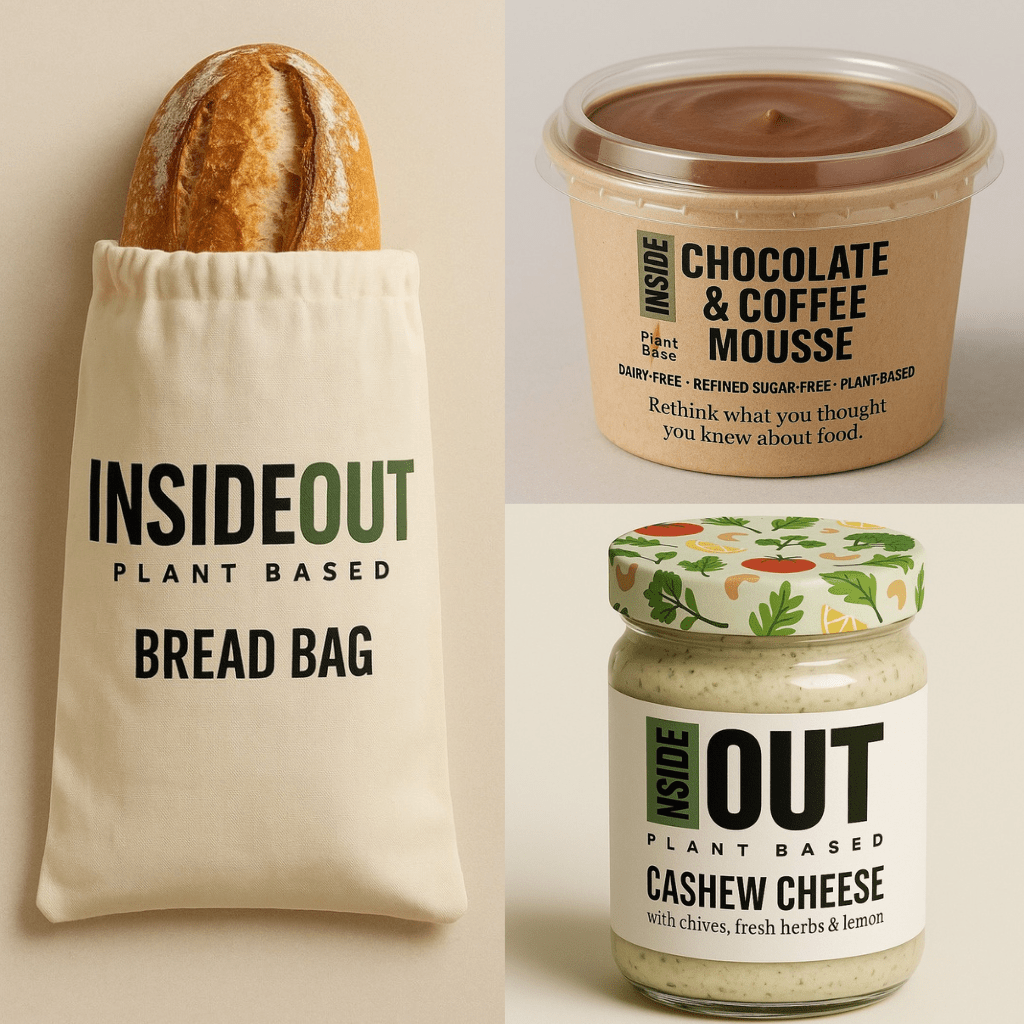 InsideOut Plant-Based bread bag with sourdough, cashew cheese jar, and chocolate coffee mousse tub.