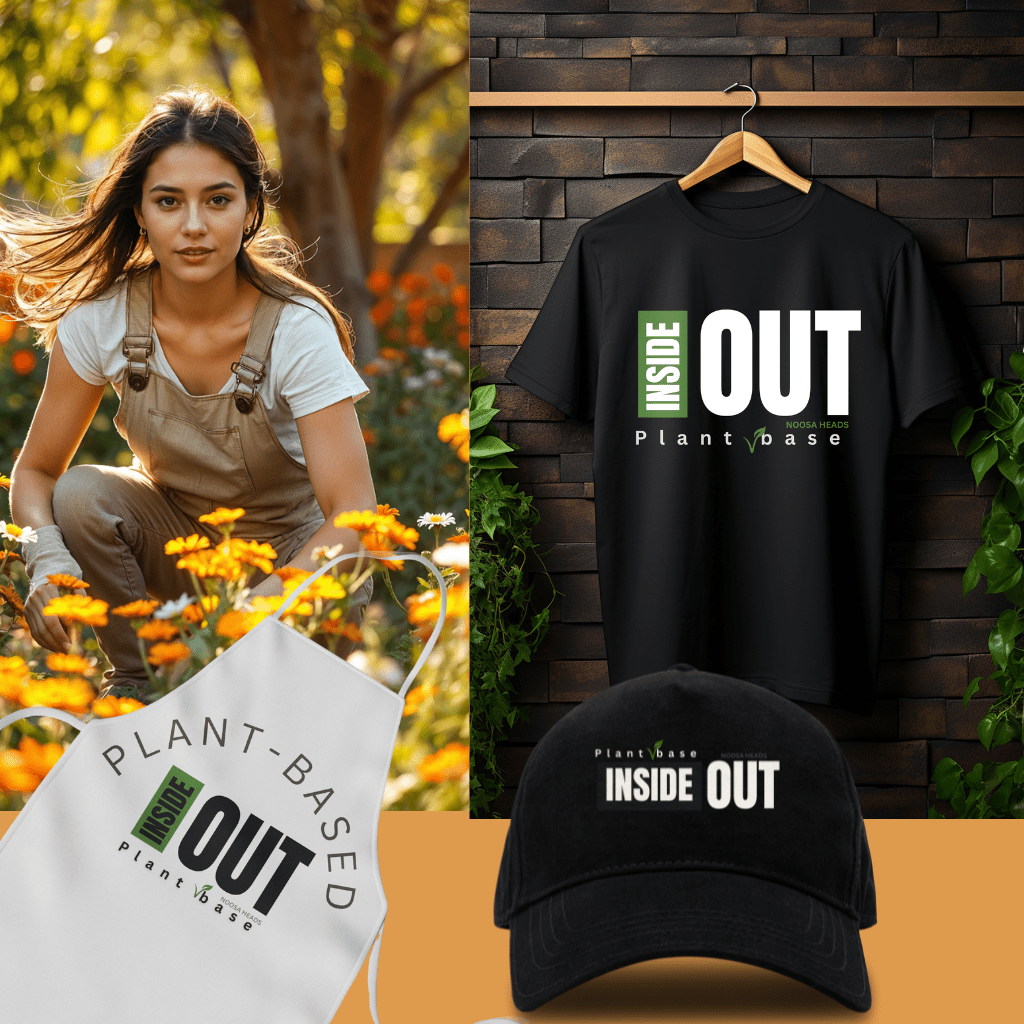 InsideOut Plant-Based apron, black cap, and Noosa Heads T-shirt displayed with lifestyle imagery